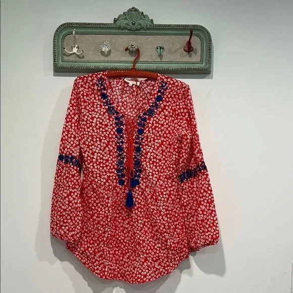 Solitaire Red / White Long Sleeve Tunic with blue embroidered bohemian top small - Picture 1 of 7